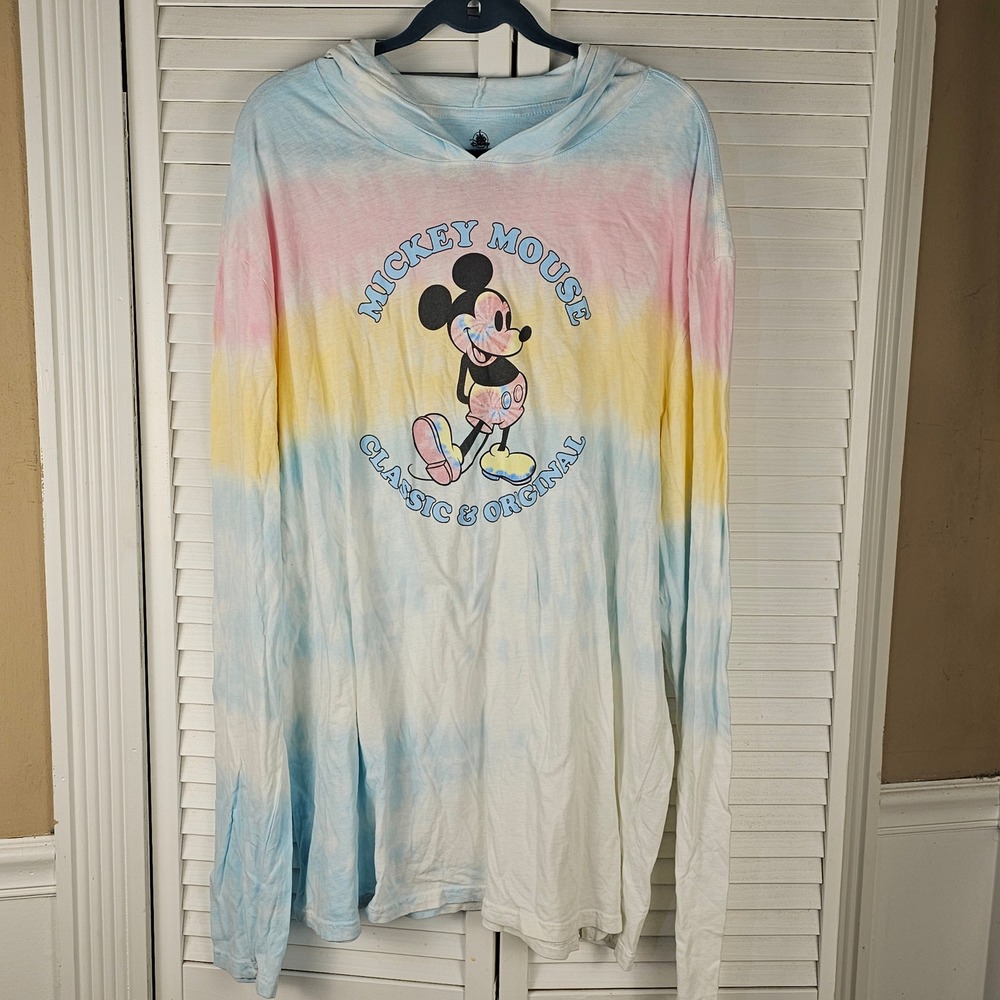 Disney Parks Womens Pastel Tie Dye Mickey Mouse Long Sleeve Hoodie Tshirt XXL‎